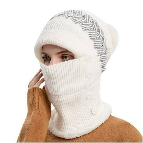 GRNSHTS Women One Piece Slouchy Fleece Beanie Hats Scarf Mask Warm Winter Knitted Hat Thick Skull Ski Cap (White)
