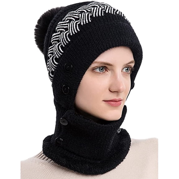 GRNSHTS Women Winter Beanie Hats One-Piece Fleece Lined Knit Balaclavas Mask Set Skull Neck Circle Scarf Ski Snow Hat Cap with Pompom (A Black)