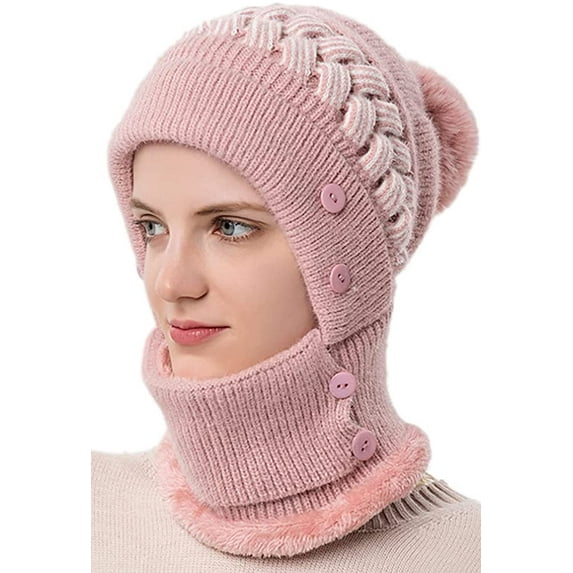 GRNSHTS Women Winter Beanie Hats One-Piece Fleece Lined Knit Balaclavas Mask Set Skull Neck Circle Scarf Ski Snow Hat Cap with Pompom (A Pink)