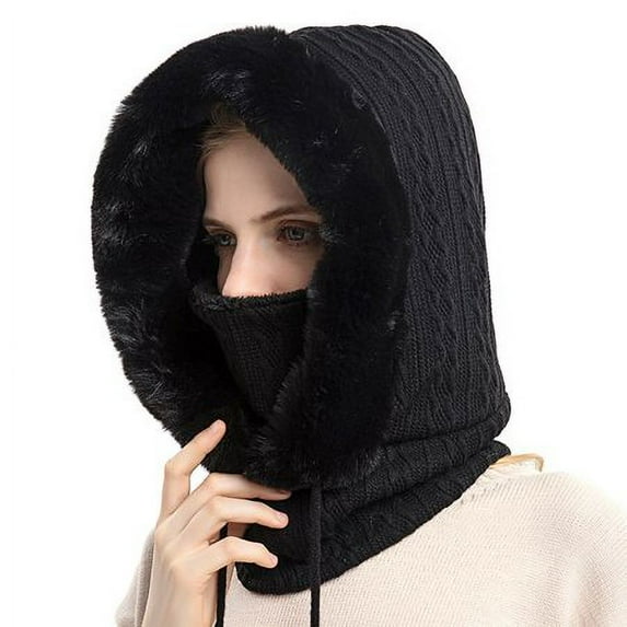 GRNSHTS Women Winter Hood Faux Fur Hat with Knitted Ski Mask Scarf Neck Warmer Fleece Lined Balaclava for Snow Outdoor Sports (Black)