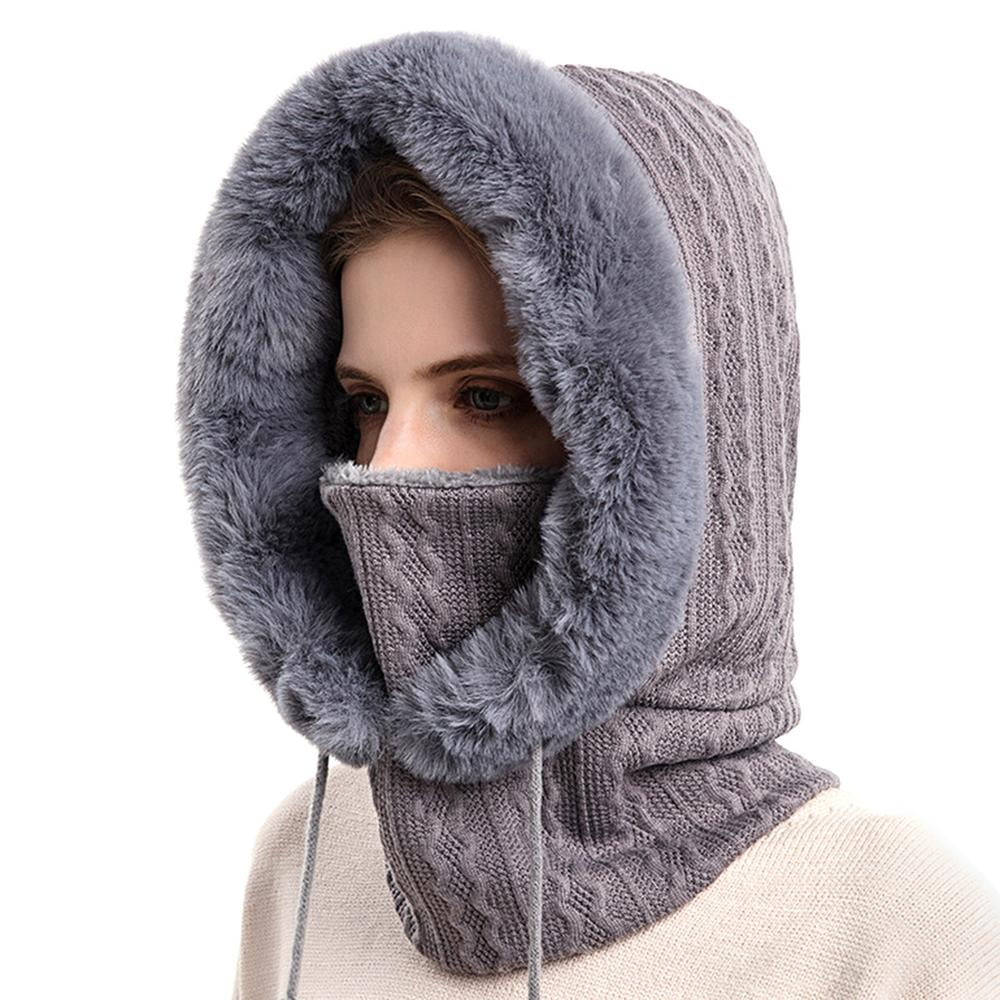 GRNSHTS Women Winter Hood Faux Fur Hat with Knitted Ski Mask 