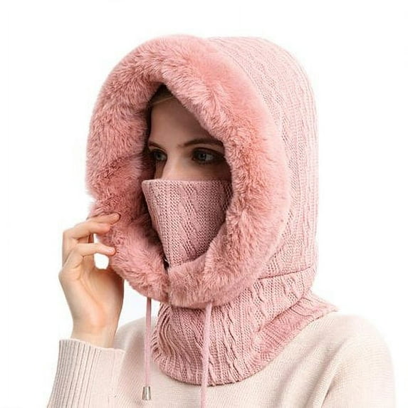 GRNSHTS Women Winter Hood Faux Fur Hat with Knitted Ski Mask Scarf Neck Warmer Fleece Lined Balaclava for Snow Outdoor Sports (Pink)