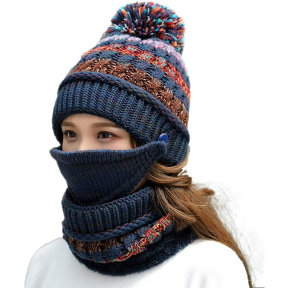 GRNSHTS Womens Beanie Hat Scarf Set Girls for Winter Slouchy Knit Skull Cap Neck Warmer Fleece Lined Pom