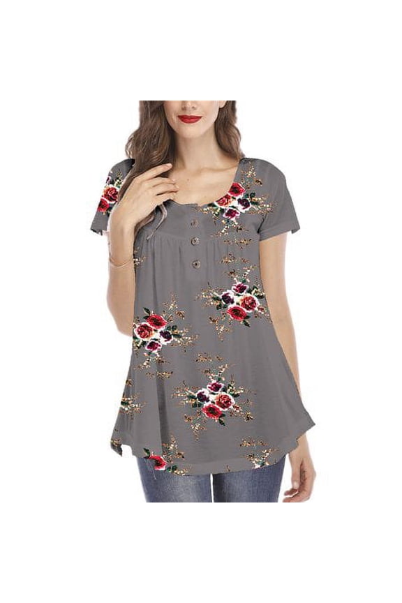 Womens Floral Printed Tunic Tops Short Sleeve Swing Blouse Shirt