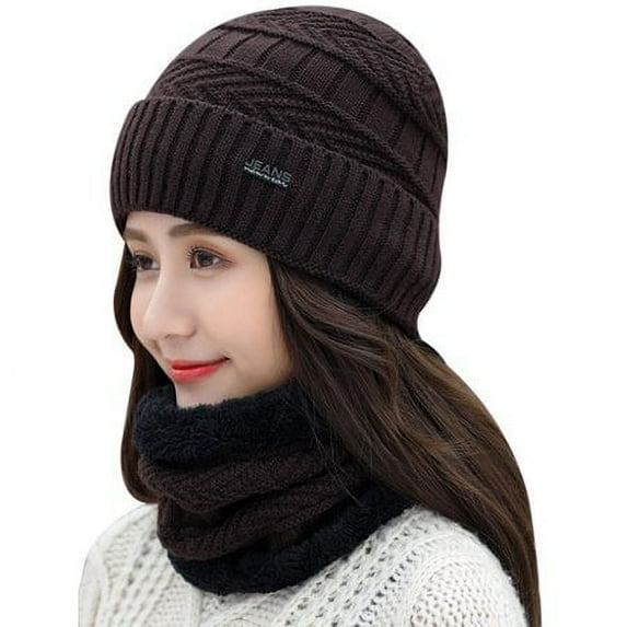 GRNSHTS Womens Winter Knitted Fleece Beanie Earflap Scarf Neck Warmer Sets Ladies Bomber Crochet Slouchy Caps Casual Skateboard Ski Hats Outdoor Warm Cap