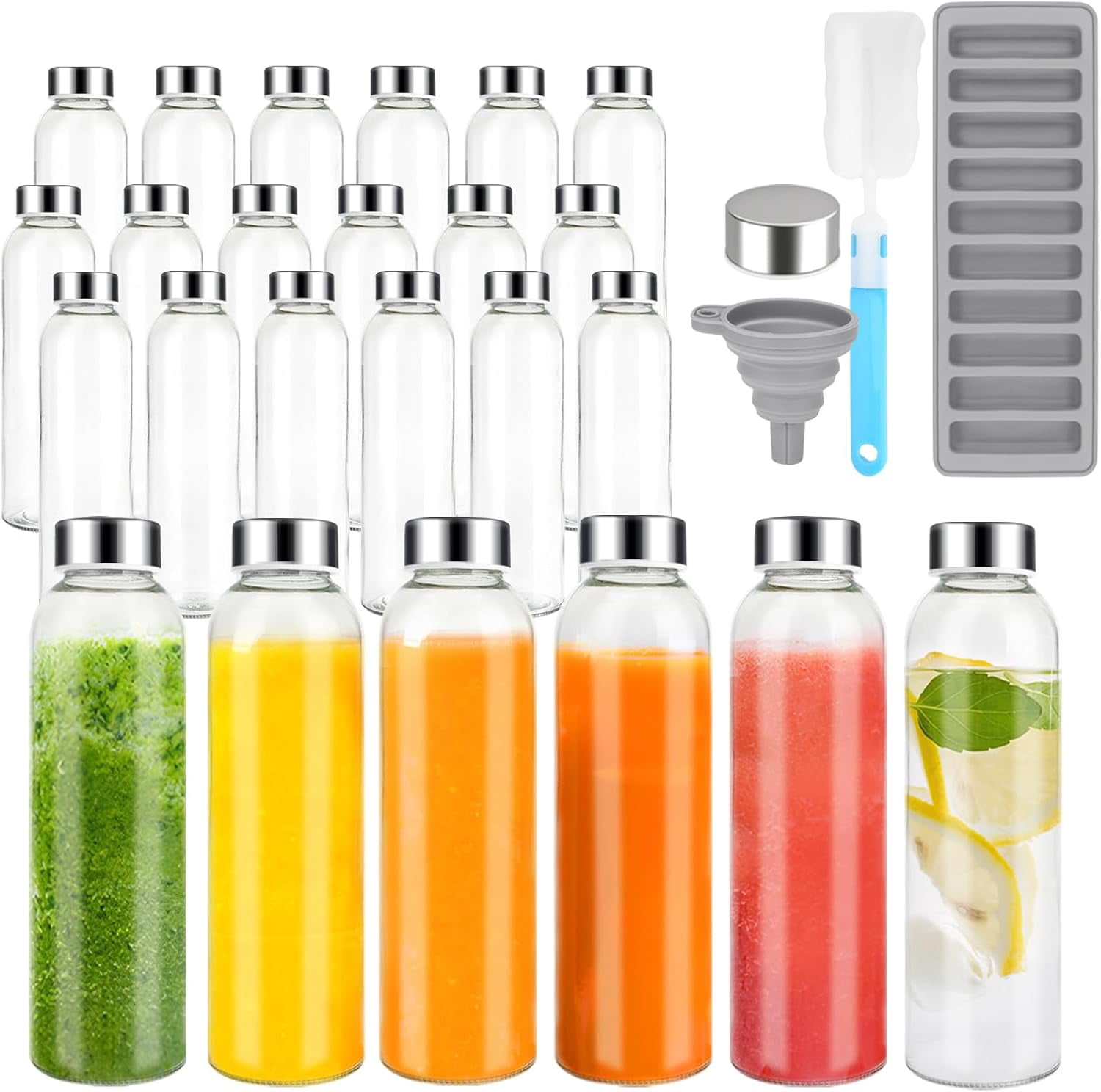 GRO 24 Pack Glass Water Bottles with Lids 18 oz, Reusable Clear Juice ...