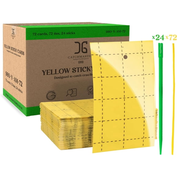 GRO Yellow Regular Double Sided Sticky Traps 72PK, Adhesive Bug & Fruit Fly Trap, Pest Control for Home, Farm, Garden, Hydroponics & Greenhouse, Protect Live Plants Indoor & Outdoor