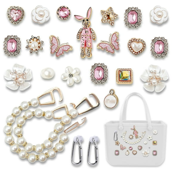 GROBRO7 24Pcs Pink Charms for Bogg Bag Butterfly&Rabbit Pearl Buckle Accessories Handle Bag Decor