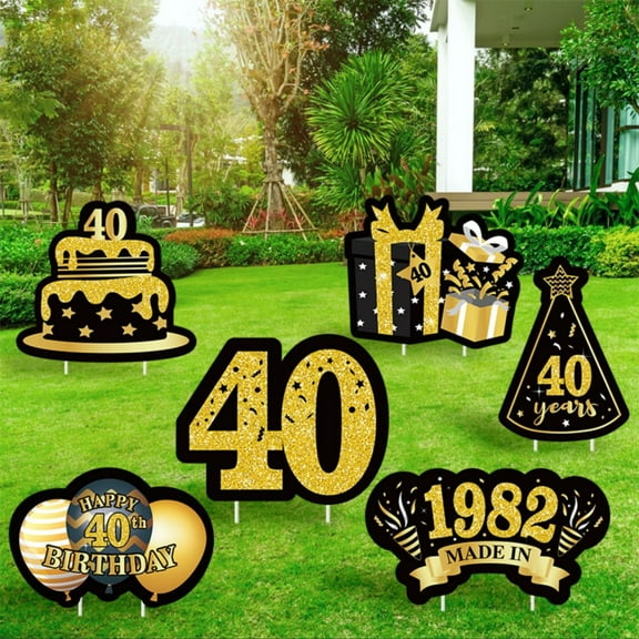 GROBRO7 40th Birthday Garden Insert Sign For Birthday Decorations, Black and Gold