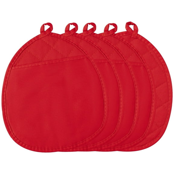 Belanttega 5Pcs Pot Holder with Pockets Round Cotton Potholder Heat Resistant Hot Pad Machine Washable Oven Mitt Terry Cloth for Kitchen Baking Cooking Grilling 10 x 8 in Red