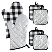 GROBRO7 6Pcs Buffalo Check Plaid Oven Mitts and Pot Holders Set Pure Cotton Heat Resistant Potholder Washable Durable BBQ Gloves with Hanging Loop for Safe Kitchen Baking Cooking Grilling White&Black