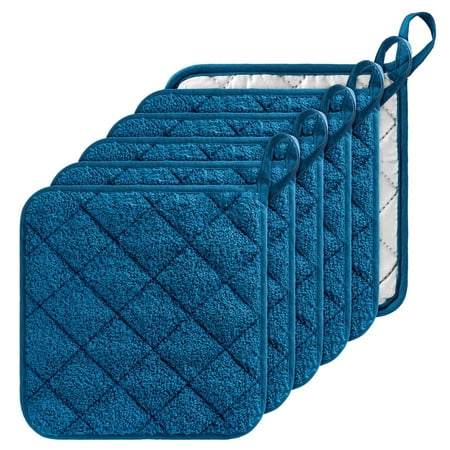 GROBRO7 6Pcs Cotton Quilted Terry Oven Set Pot Holders Heat Resistant Multipurpose 7x7 Hot Pads with Hanging Loop Durable Machine Washable Oven Mitts for Daily Kitchen Baking and Cooking Blue