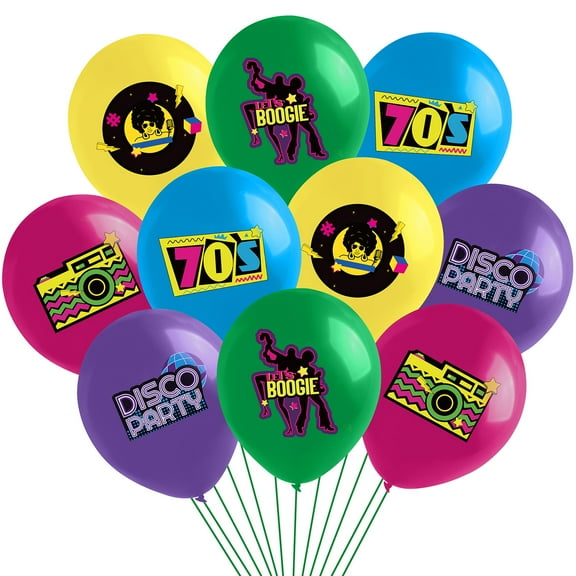 GROBRO7 70s Party Balloons, 5 Colour Latex Balloons with 1970s Sign for Retro Party Decorations, 12 Inch