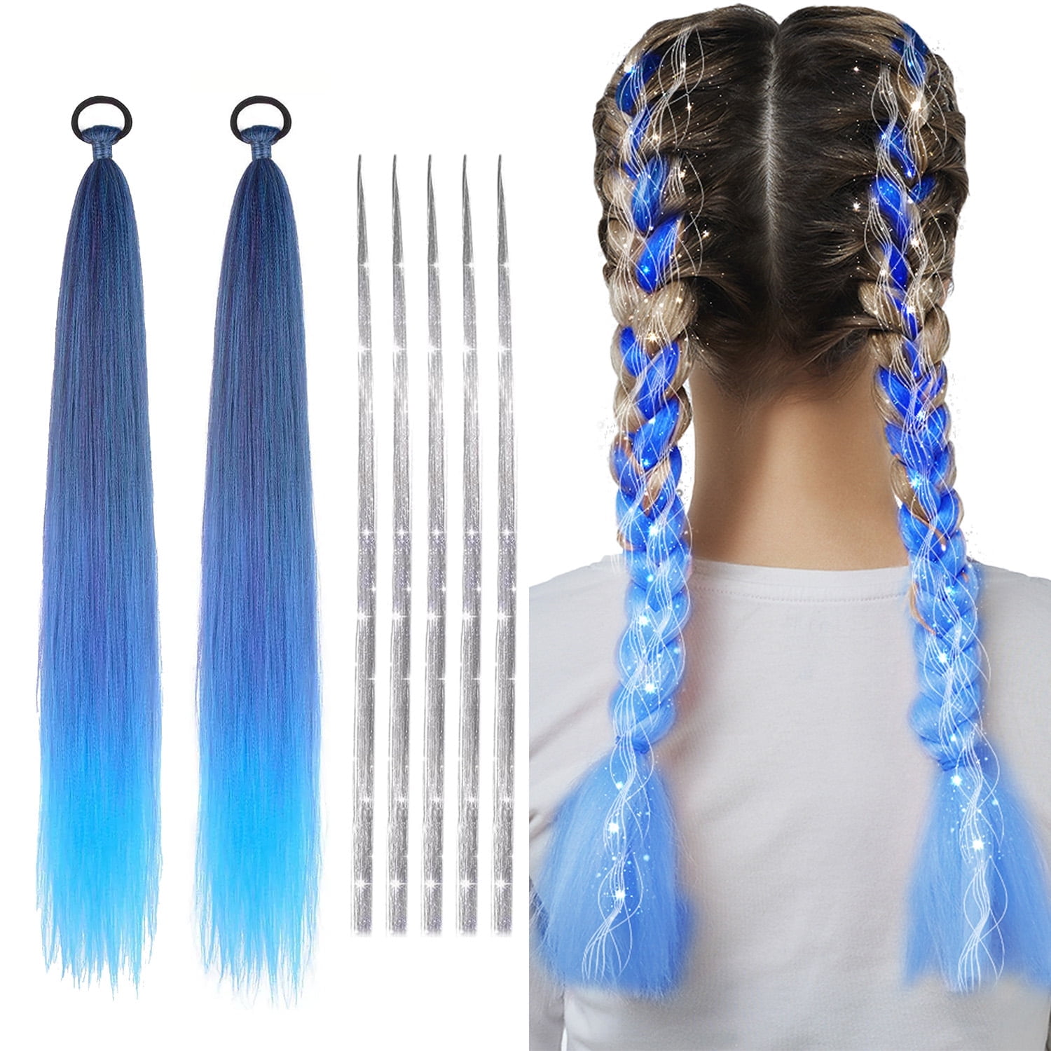 GROBRO7 7Pcs Gradient Blue Dreadlocks Wig Braid with Hair Extension Silver Wire Set for Women