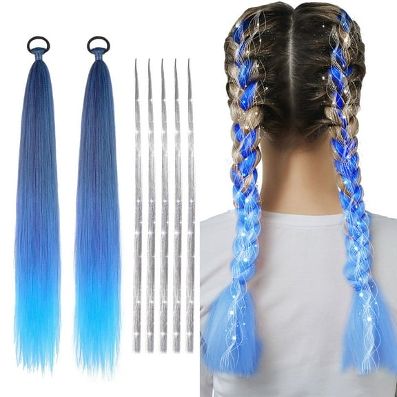 GROBRO7 7Pcs Gradient Blue Dreadlocks Wig Braid with Hair Extension Silver Wire Set for Women