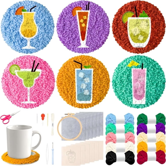 GROBRO7 Cocktail Embroidery Needle Coasters Crafts Kit for Beginners,DIY Making Cocktail Patterns Mug Tufted Coaster