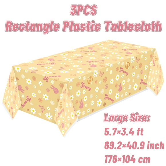GROBRO7 Daisy Flower Party Tablecloths, Groovy Retro Hippie, Yellow, 69.2 in x 40.9 in, Plastic