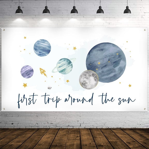 Belanttega First Trip Around The Sun Space Party Backdrop Watercolor 1st Birthday Banner Extra Large Planets Background Banners Shower Party Decor Supplies for Indoor Photo Booth Props 6.5 x 3.7 ft