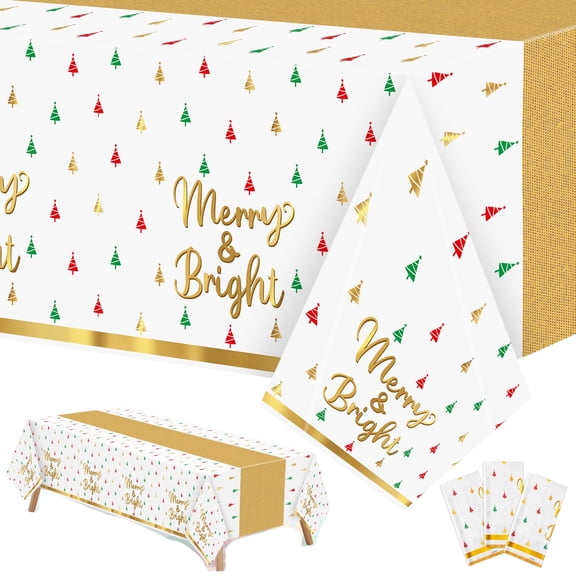 GROBRO7 Christmas Tree Theme Party Tablecloth,Waterproof 86.6in x 51.2in Table Cover, 3 Count