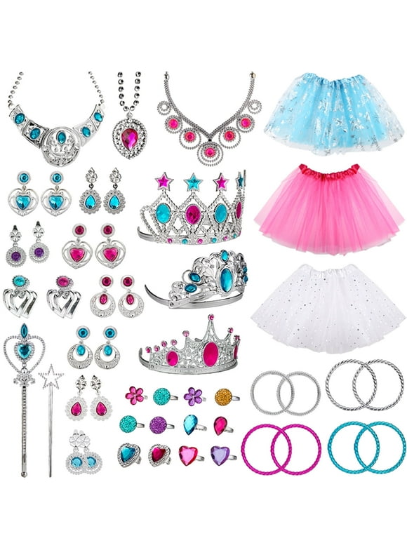Princess Dress Up Accessories, Princess Dress Earrings Ring Necklace Crown Wand Bracelet Kit, 51 Pieces