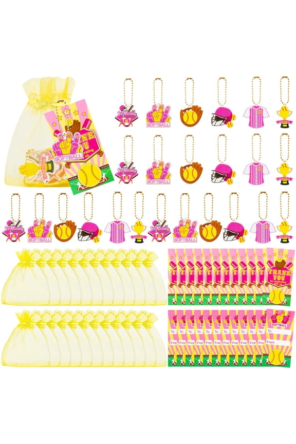 Softball Keychain Thank You Card Tulle Bag Set for Sports Party Decorations Supplies, 72 Pieces