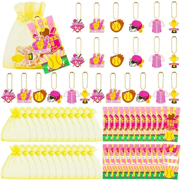 GROBRO7 Softball Keychain Thank You Card Tulle Bag Set for Sports Party Decorations Supplies, 72 Pieces
