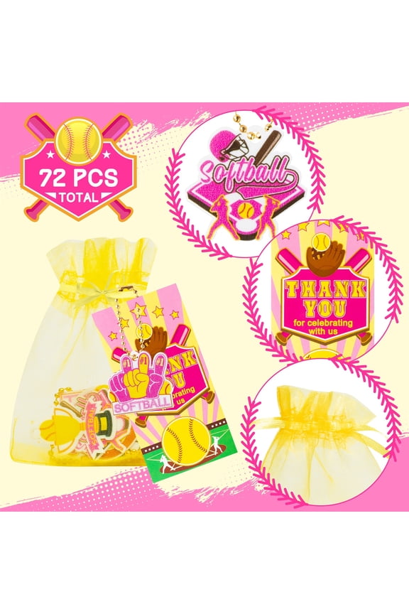 Softball Party Favors Kit with Thank You Kraft Tags Organza Bags Keychain, 72Pieces