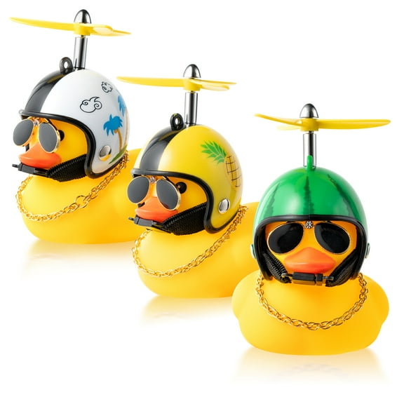 GROBRO7 Summer Rubber Duck Toy with Propeller Helmet Sunglasses Gold Chain, Lovely Duck Toy for Car Dashboard Decorations, 3 Pieces
