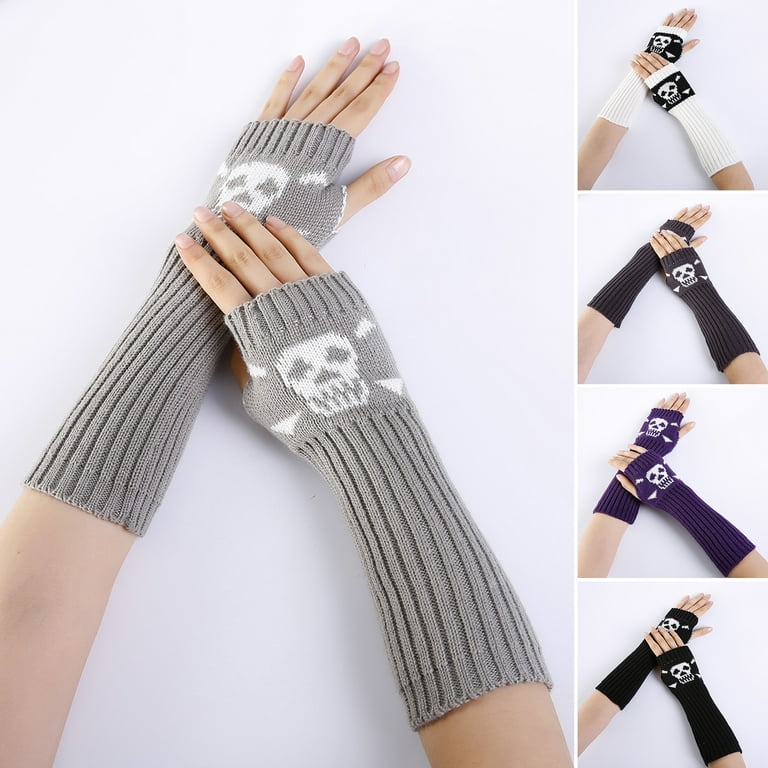 Grofry 1 Pair Arm Warmers Fingerless Thumb Hole Halloween Skull Pattern Stretchy Soft Keep Warm Unisex Winter Men Women Long Sleeves Gloves for Going