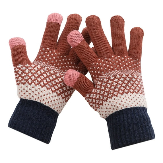 GROFRY 1 Pair Thickened Warm Full Fingers Ribbed Cuffs Women Gloves Winter Striped Splicing Double Layer Fleece Lining Knitting Gloves for Cold Weather
