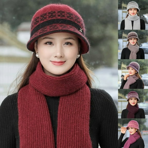 GROFRY 2Pcs/Set Winter Hat Soft Texture Wide Application Cotton Line Female Vintage Cap Scarf Set for Home