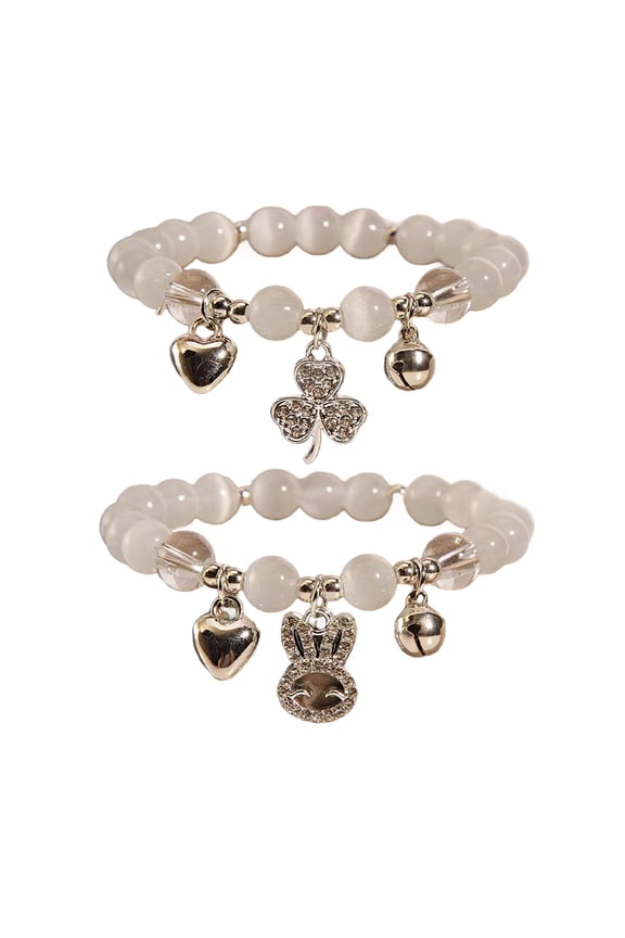 2Pcs Women Bracelet Faux Opal Bell Clover Heart Pendant Rhinestone Decor Moonstone Bangle Adjustable Length Birthday Gift Wrist Jewelry