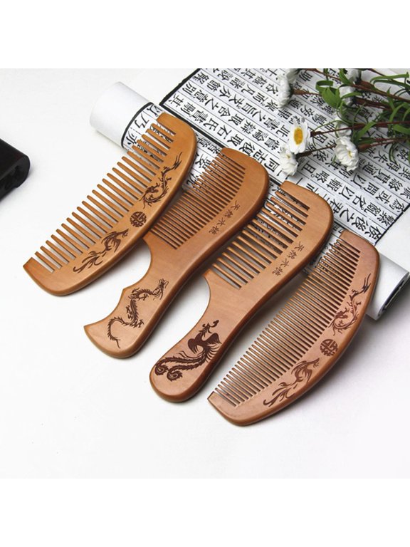 5 Pcs Dragon Phoenix Engraved Peach Wood Healthy Massage Anti-Static Hair Care Comb