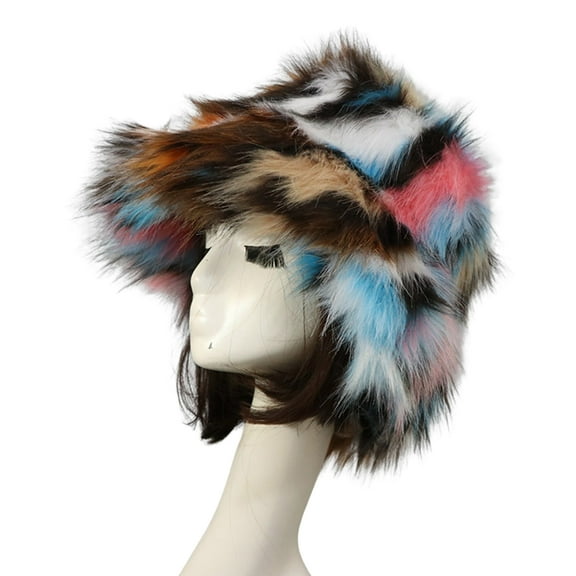 GROFRY Bucket Hat Oversized Fluffy Wide Brim Soft Thickened Ear Faux Fur Winter Thermal Women Fisherman Cap for Daily Life