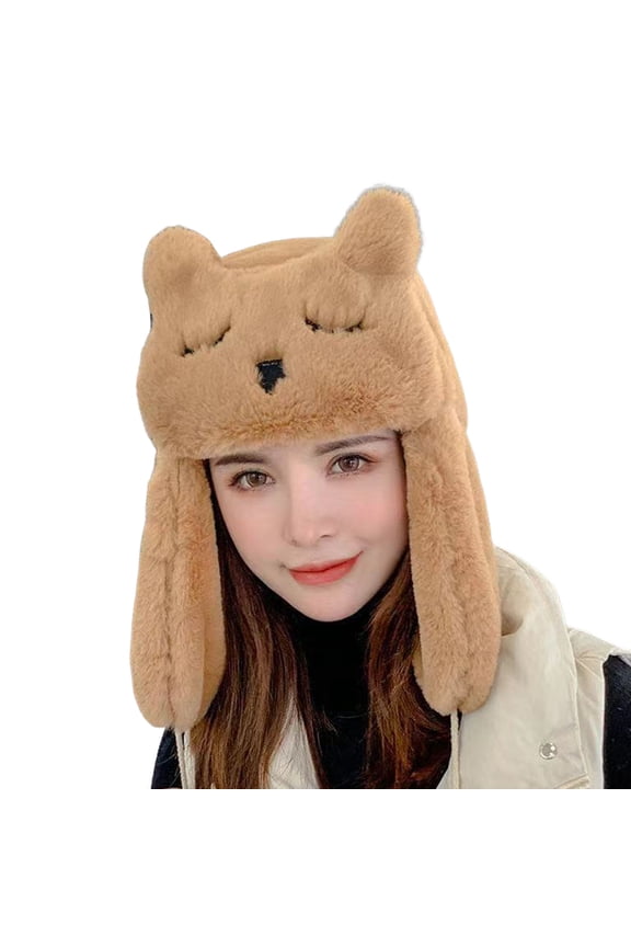 Earflap Hat Animal Ears Embroidery Lace-Up Windproof Rope Fuzzy Lovely Keep Warm Faux Fur Autumn Winter Women Trapper Cycling Cap for Outdoor