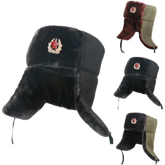 GROFRY Earflap Hat Star Badge Thickened Soft Faux Fur Plush Lining Ears Windproof Winter Men Women Hunting Motorcycle Lei Feng Cap for Outdoor
