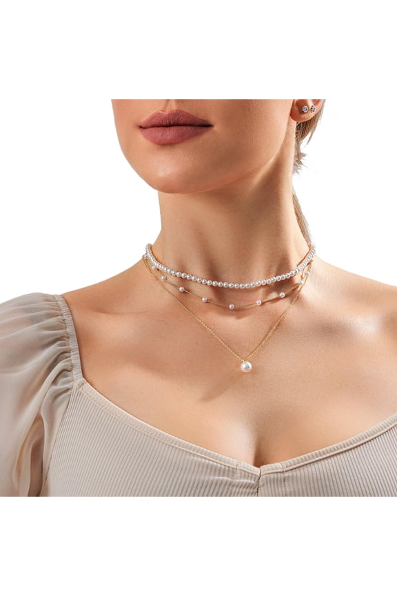 Faux Pearl Necklace for Women Gold Plated Layered Faux Pearl Necklace White Imitation Pearl Choker for Wedding Jewelry