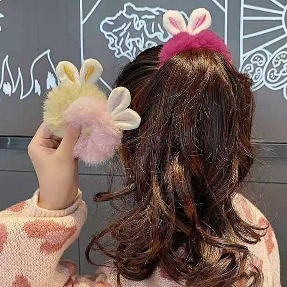 GROFRY Hair Rope Cartoon Design Rabbit Ear High Elasticity Comfortable Hand Feeling Strong Tightening Force Decorate Headwear Imitation Rabbit Fur Elastic Hair Band for Daily Life