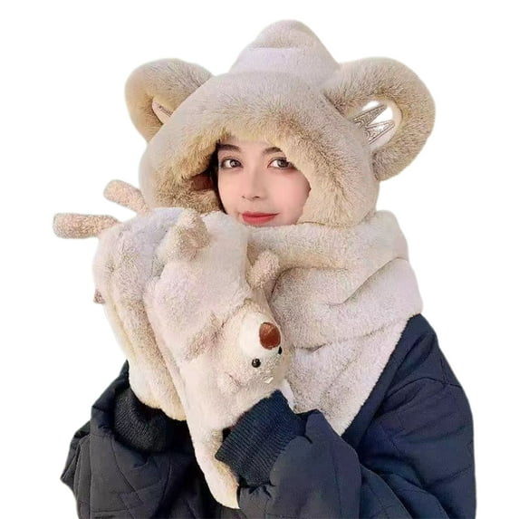 GROFRY Hooded Scarf Plush Fluffy Windproof Ear Neck Protector Keep Warm One-piece Cartoon Bear Women Autumn Winter Gloves Scarf Hat Combo for Outdoor