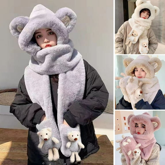 GROFRY Hooded Scarf Plush Fluffy Windproof Ear Neck Protector Keep Warm One-piece Cartoon Bear Women Autumn Winter Gloves Scarf Hat Combo for Outdoor