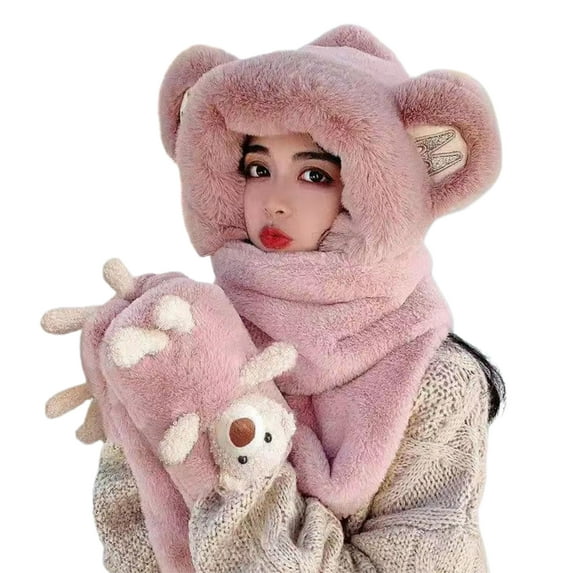 GROFRY Hooded Scarf Plush Fluffy Windproof Ear Protection Neck Protector Keep Warm One-piece Cartoon Bear Women Autumn Winter Gloves Scarf Hat Combo for Outdoor