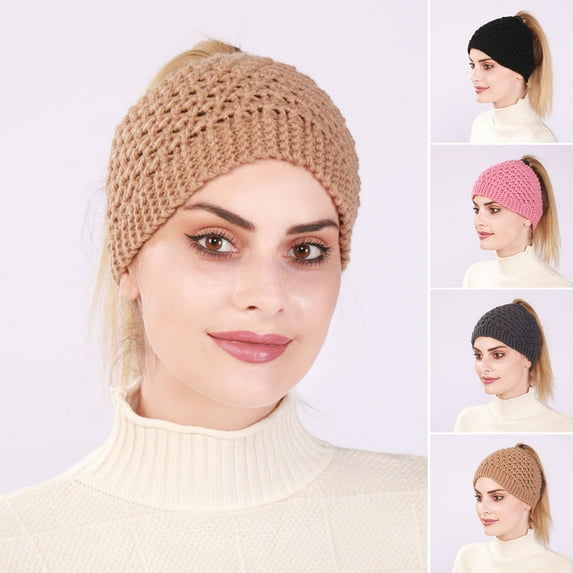 GROFRY Knitted Hat Handmade Empty Top Stretchy Soft Cozy Ears Solid Color Autumn Winter Women Headband Beanie Cap for Outdoor