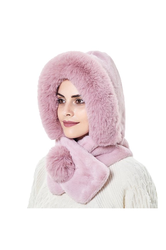 Solid Color 2 In 1 Ear Cross Wrap Scarf Hat Women Thicken Warm Fluffy Neck Collar Cap Accessories