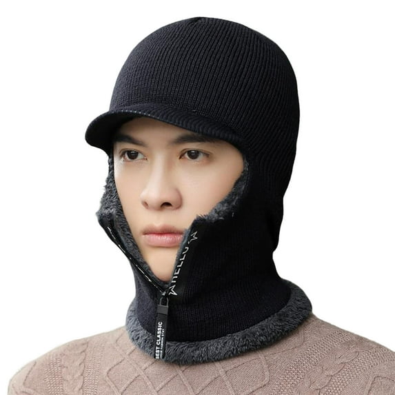 GROFRY Thermal Hat Zipper Opening Fleece Lining Knitting 2 in 1 Solid Color Men Neck Guard Cap Hat for Sport