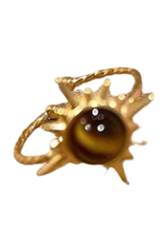 Tiger Eye Stone Ring Flower Shape Retro Golden Index Finger Ring Electroplating Geometric Wide Adjustable Opening Ring Adult Club Party Jewelry