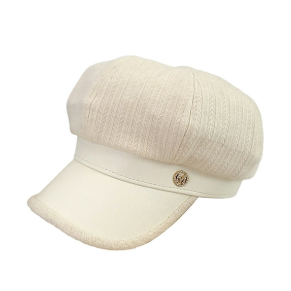 GROFRY Visor Beret Cap Faux Leather Splicing Retro British Style Classic 8 Panel Keep Warm Peaked Women Octagonal Newsboy Cabbie Painter Hat for Daily