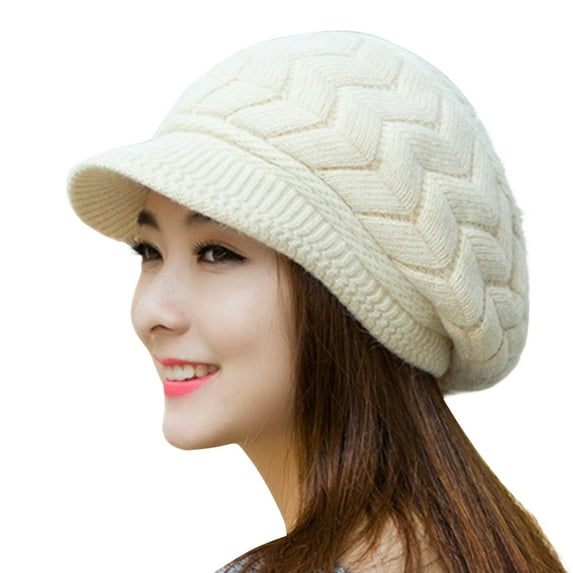 GROFRY Visor Beret Cap Peaked Slouchy Plush Lining Stretchy Plain Ears Protection Solid Color Autumn Winter Women Knitted Hat for Outdoor