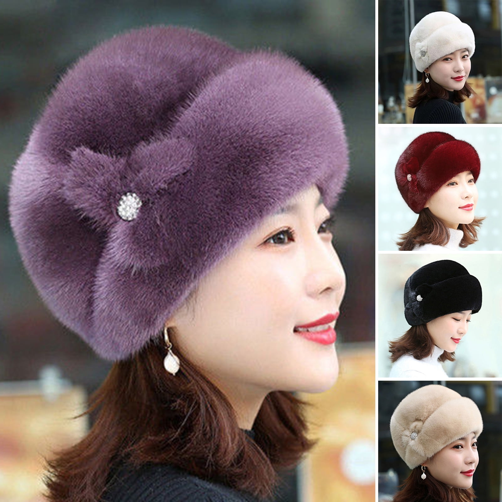 GROFRY Winter Hat Russian Faux Rabbit Fur Flower Decor Thickened Luxury  Keep Warm Solid Color Autumn Winter Thermal Middle-aged Women Cap for  Outdoor 