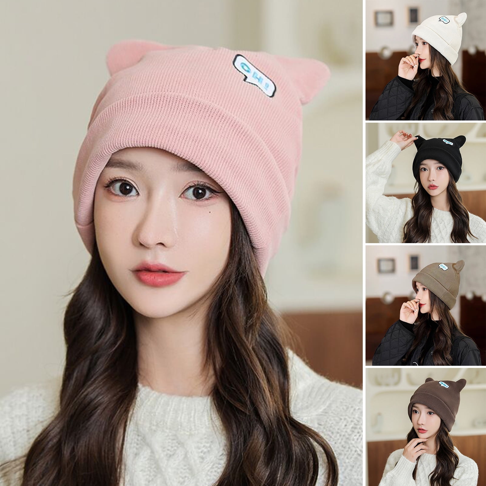 GROFRY Women Beanie Hat Ears Solid Color Letters Brimless Dome Windproof  Korean Style Knitting Cap for Outdoor Skiing Cycling
