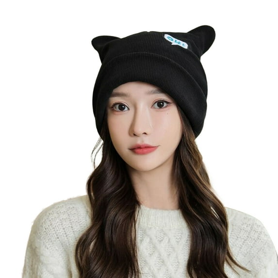 GROFRY Women Beanie Hat Ears Solid Color Letters Brimless Dome Windproof Korean Style Knitting Cap for Outdoor Skiing Cycling